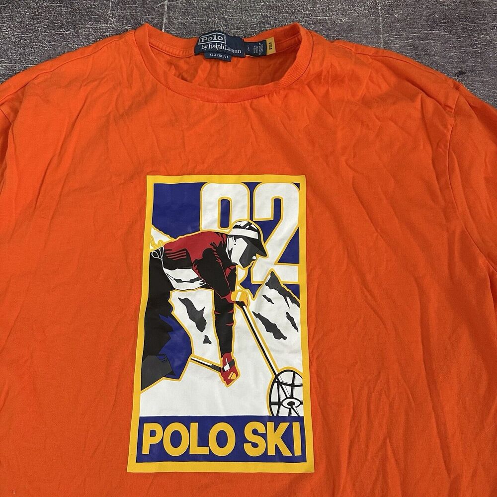 Men's Polo Ralph Lauren Ski 92 Orange Long Sleeve Classic Fit T Shirt Tee Sz L